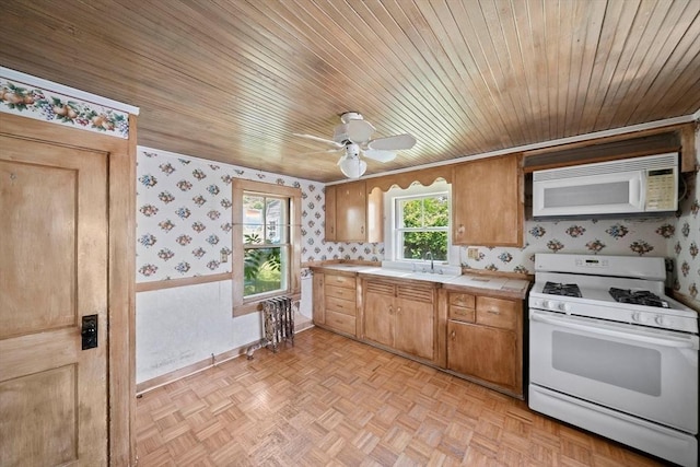 2 Eastern Ave, Hull, MA 02045 - kitchen featuring white appliances, wallpapered walls, light countertops, ceiling fan, and wooden ceiling
