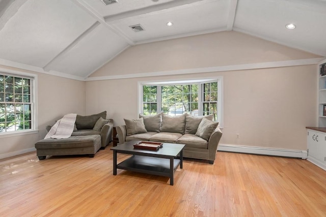 48 Pine Hill Dr, Walpole, MA 02081 - living room featuring baseboard heating, lofted ceiling, baseboards, light wood finished floors, and recessed lighting