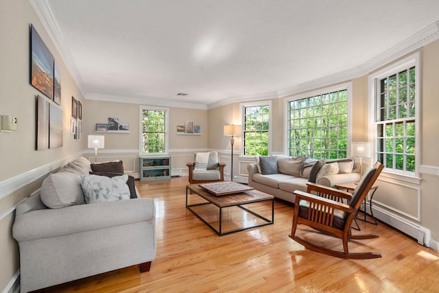 48 Pine Hill Dr, Walpole, MA 02081 - living room featuring crown molding, light wood finished floors, wainscoting, a decorative wall, and baseboard heating