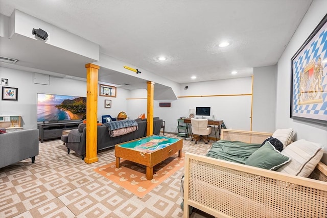 game room featuring an office area, recessed lighting, and light floors