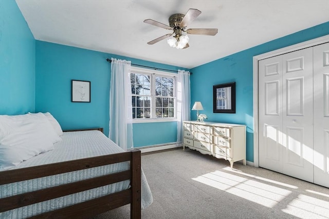 carpeted bedroom with a baseboard heating unit, ceiling fan, and a closet