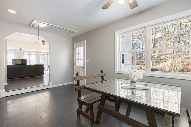 dining space featuring ceiling fan and plenty of natural light