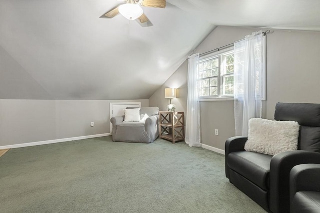 carpeted bedroom with ceiling fan and lofted ceiling