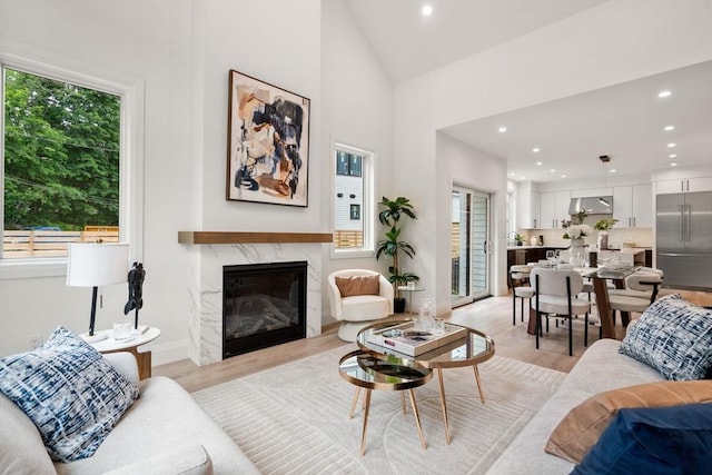 19 Johnson Pl Unit 19, Newton, MA 02466 - living room featuring a premium fireplace, recessed lighting, light wood-style flooring, and vaulted ceiling