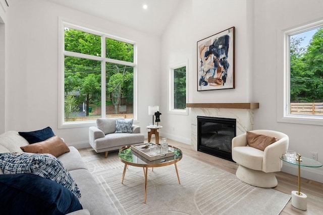 19 Johnson Pl Unit 19, Newton, MA 02466 - living area with baseboards, wood finished floors, vaulted ceiling, a fireplace, and recessed lighting