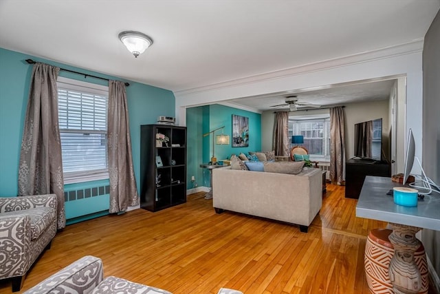 80 Andover, Peabody, MA 01960 - living room featuring light wood-style floors, crown molding, radiator, and a healthy amount of sunlight