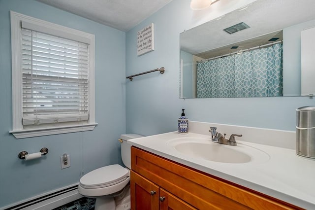 80 Andover, Peabody, MA 01960 - bathroom with vanity, a baseboard heating unit, a shower with curtain, toilet, and visible vents