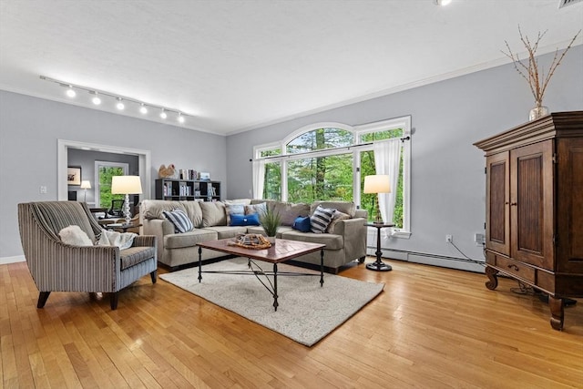living room with a baseboard radiator, light wood-style floors, ornamental molding, and track lighting