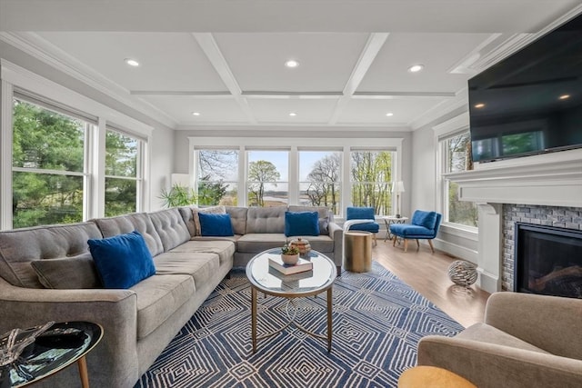 living room featuring wood finished floors, coffered ceiling, beam ceiling, a fireplace, and recessed lighting