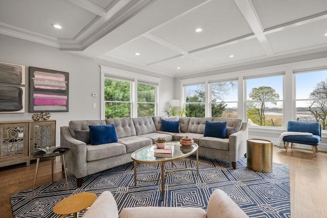 living room with coffered ceiling, wood finished floors, beamed ceiling, and recessed lighting