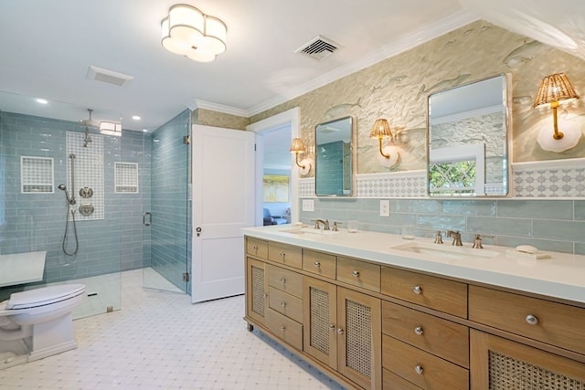 bathroom with backsplash, tile flooring, and tile walls