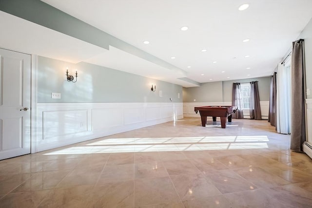 playroom with a wainscoted wall, recessed lighting, pool table, a decorative wall, and a baseboard radiator