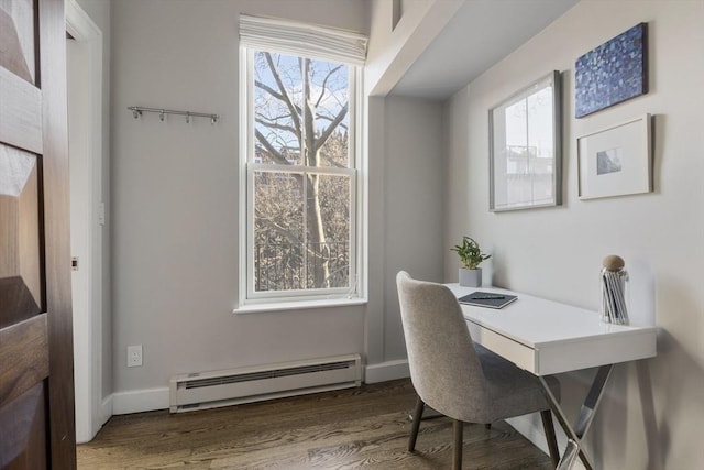 office with baseboard heating, wood finished floors, and baseboards