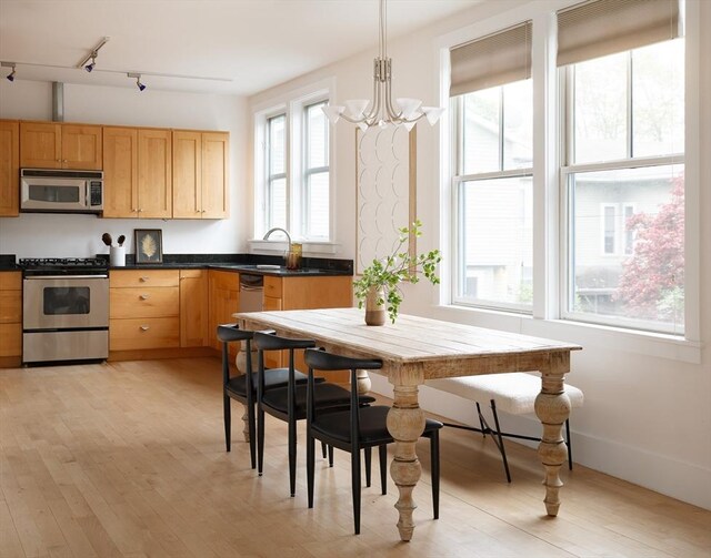 kitchen with appliances with stainless steel finishes, track lighting, light wood finished floors, a chandelier, and dark countertops