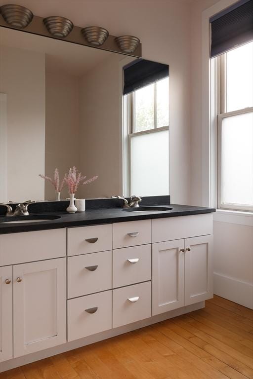 full bathroom featuring healthy amount of natural light, double vanity, and wood finished floors