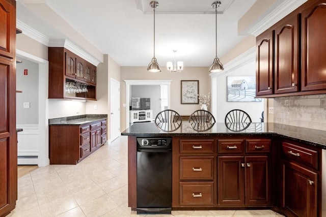 267 W St, Northborough, MA 01532 - kitchen with decorative light fixtures, tasteful backsplash, a peninsula, dark stone counters, and light tile patterned floors