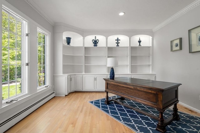 267 W St, Northborough, MA 01532 - office space featuring a baseboard heating unit, crown molding, light wood finished floors, built in features, and recessed lighting
