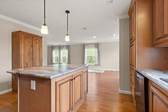 18 Skyview Dr, Brockton, MA 02301 - kitchen featuring dishwasher, light wood-style flooring, crown molding, and brown cabinets