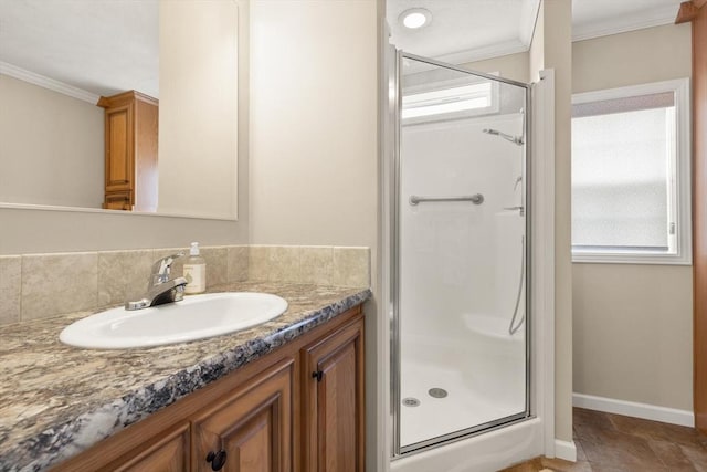 18 Skyview Dr, Brockton, MA 02301 - full bathroom featuring a shower stall, ornamental molding, plenty of natural light, and baseboards