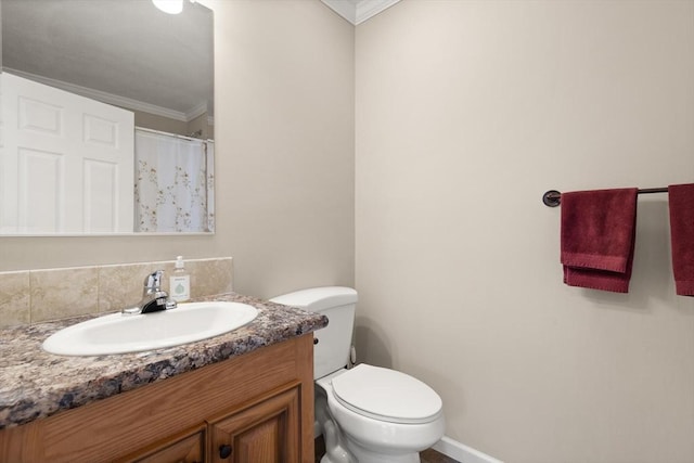 18 Skyview Dr, Brockton, MA 02301 - full bathroom featuring crown molding, toilet, vanity, a shower with shower curtain, and baseboards