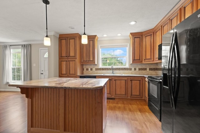 18 Skyview Dr, Brockton, MA 02301 - kitchen with black appliances, healthy amount of natural light, a sink, light wood-style flooring, and crown molding