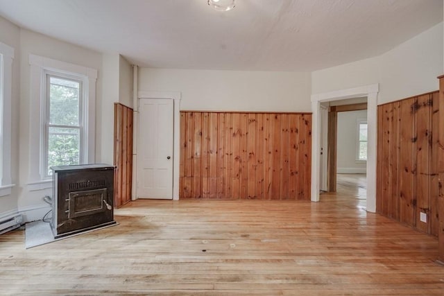 unfurnished room featuring light wood-type flooring, a wood stove, and wood walls