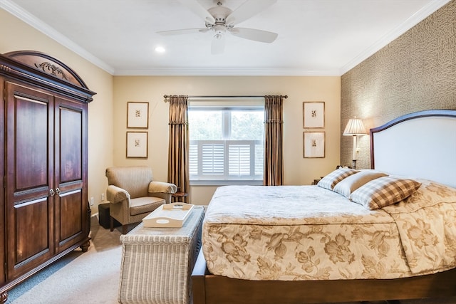 bedroom with light colored carpet, ceiling fan, and ornamental molding