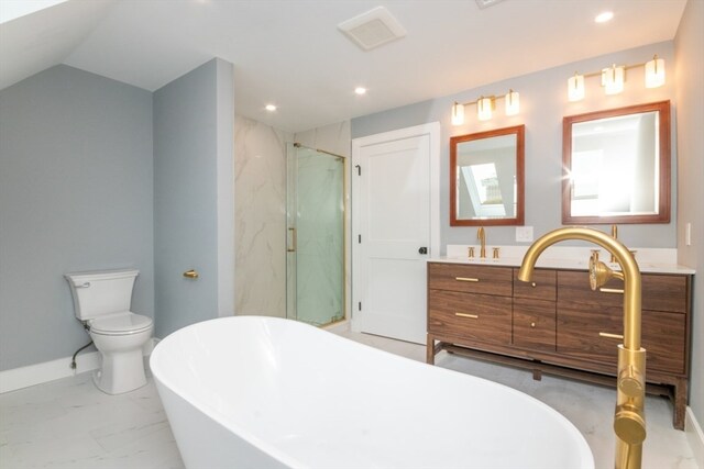 full bathroom with vanity, vaulted ceiling, independent shower and bath, and toilet