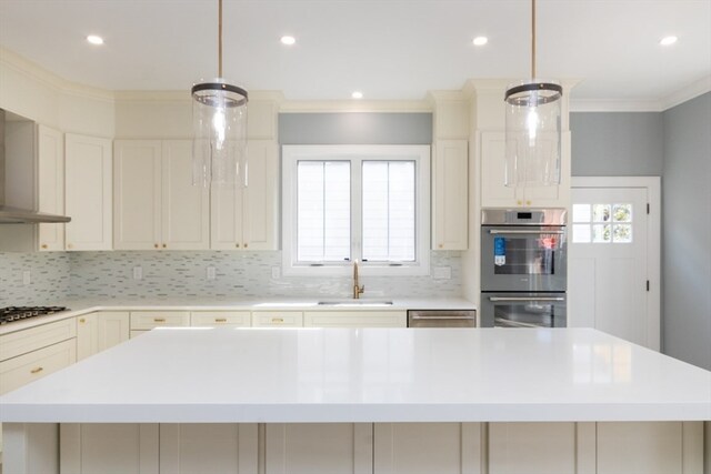 kitchen with appliances with stainless steel finishes, sink, a center island, and decorative light fixtures