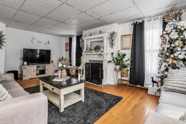 living room featuring a fireplace with flush hearth and wood finished floors