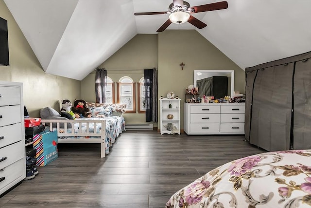 bedroom featuring lofted ceiling, ceiling fan, dark wood-style flooring, and a baseboard radiator