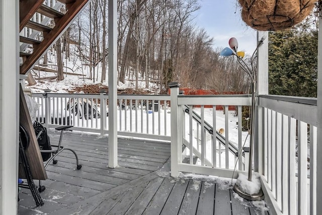 view of snow covered deck