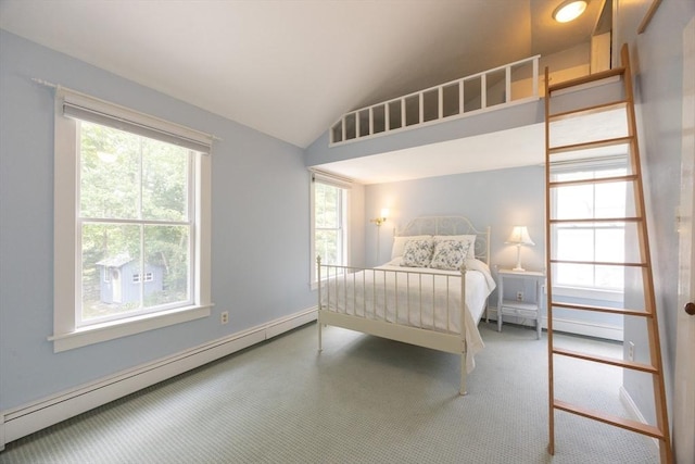75 Union St, Holliston, MA 01746 - carpeted bedroom featuring a baseboard heating unit, multiple windows, and lofted ceiling