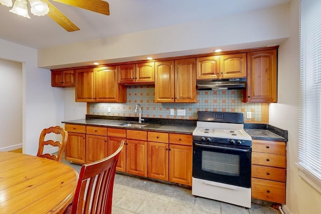 2 Waumbeck St, Boston, MA 02121 - kitchen with ceiling fan, white range with gas stovetop, tasteful backsplash, and sink
