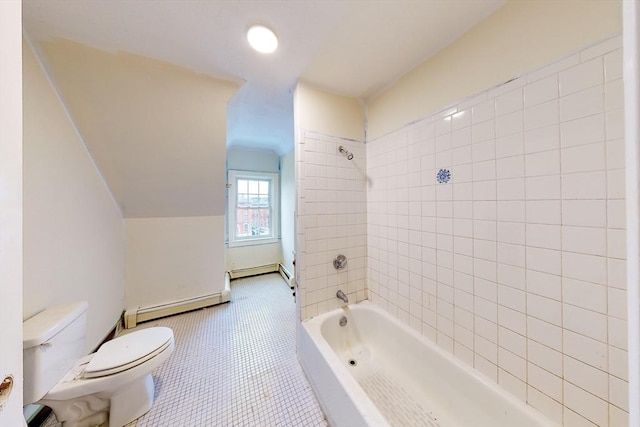 2 Waumbeck St, Boston, MA 02121 - bathroom featuring toilet, baseboard heating, tiled shower / bath combo, and tile patterned floors