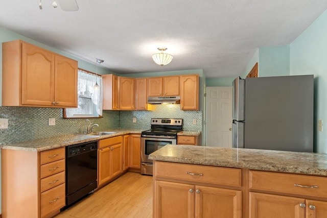 kitchen with a sink, light wood-style floors, under cabinet range hood, appliances with stainless steel finishes, and backsplash