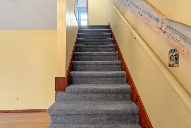 staircase with baseboards and wood finished floors