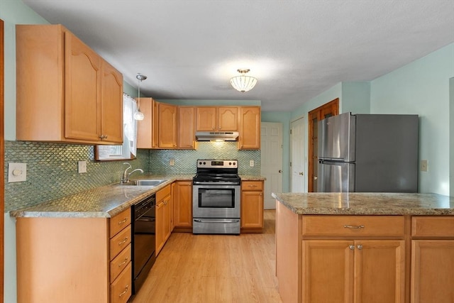 kitchen featuring light wood-type flooring, a sink, stainless steel appliances, under cabinet range hood, and tasteful backsplash