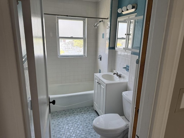 252-256 Billings St, Quincy, MA 02169 - bathroom featuring toilet, vanity, tile walls, shower / bath combination, and tile patterned floors