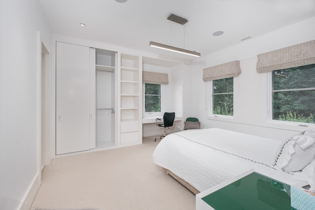 bedroom featuring a closet and light colored carpet