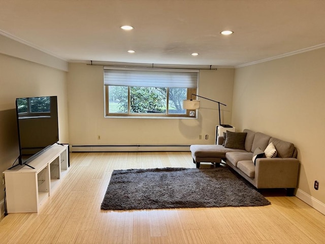 living room with crown molding, wood finished floors, a baseboard heating unit, and recessed lighting