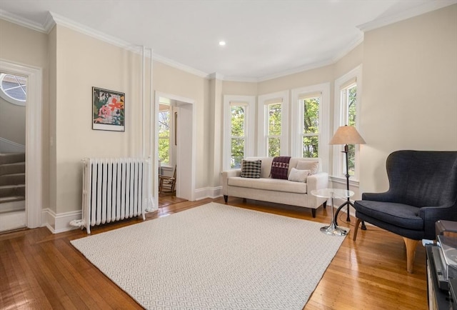 14 Grand View Ave, Somerville, MA 02143 - sitting room with radiator, wood finished floors, stairway, baseboards, and recessed lighting