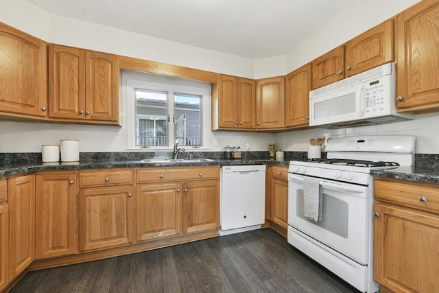 14 Grand View Ave, Somerville, MA 02143 - kitchen featuring white appliances, a sink, brown cabinets, dark wood finished floors, and tasteful backsplash