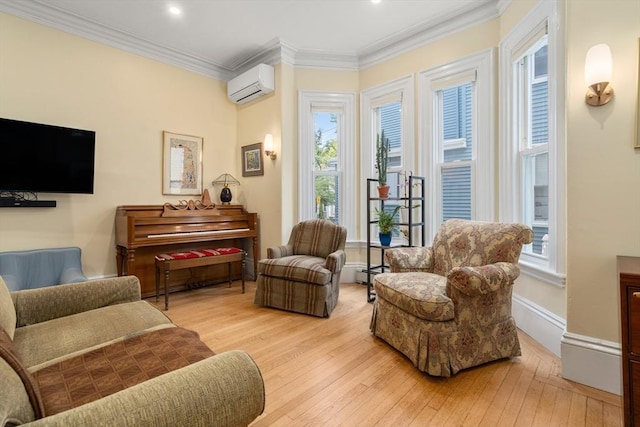 14 Grand View Ave, Somerville, MA 02143 - living area featuring a wall mounted AC, hardwood / wood-style flooring, healthy amount of natural light, and ornamental molding