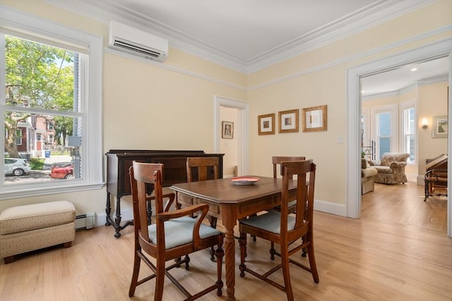 14 Grand View Ave, Somerville, MA 02143 - dining area featuring a wall mounted air conditioner, light wood-style floors, baseboard heating, crown molding, and baseboards