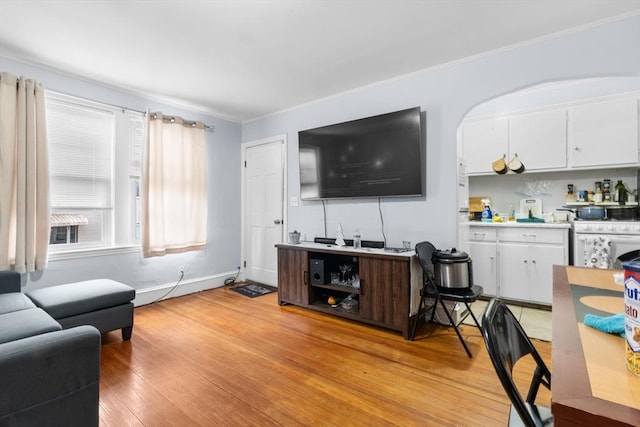 living room featuring light hardwood / wood-style flooring and crown molding