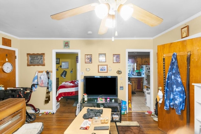 interior space featuring ceiling fan, dark hardwood / wood-style flooring, and ornamental molding