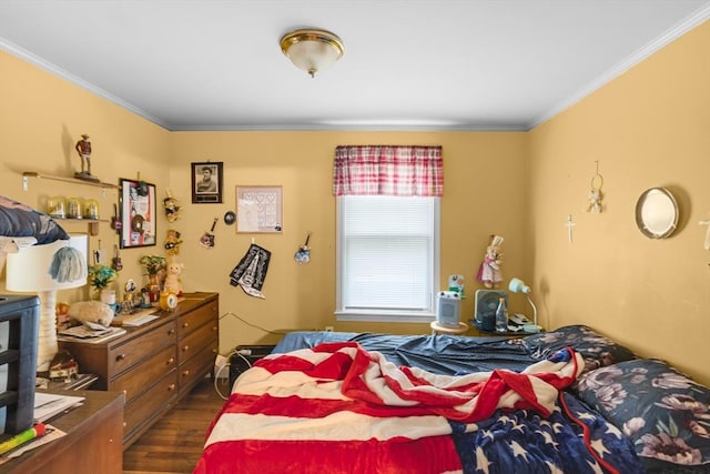 bedroom with dark wood-type flooring and ornamental molding