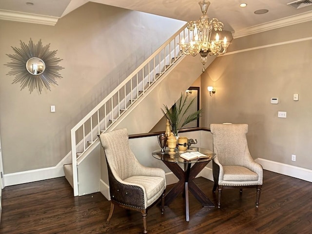 living area featuring stairs, wood finished floors, baseboards, ornamental molding, and a chandelier