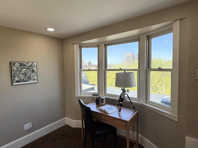 home office featuring baseboards, dark wood-style floors, and recessed lighting